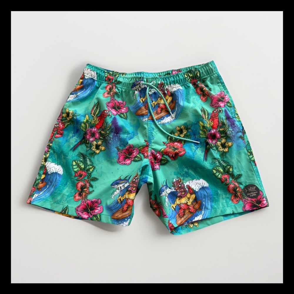 Psycho Tuna Men’s Sz L Shorts Board Shorts Swim wear-Tropical Tikis Green